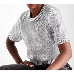 Future Collective Metallic Silver Short Sleeve Chunky Knit Sweater Small